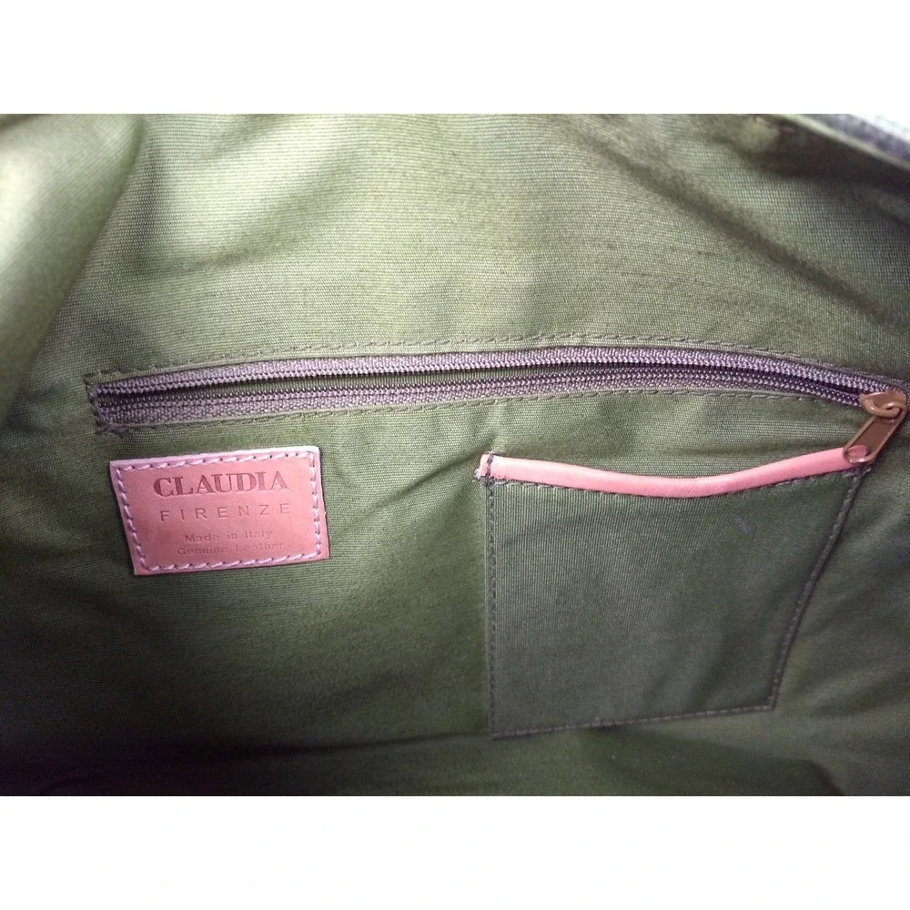 Claudia Firenze Italian Suede Leather Hobo Bag Pale Green Tan Trim Floral Zipper
